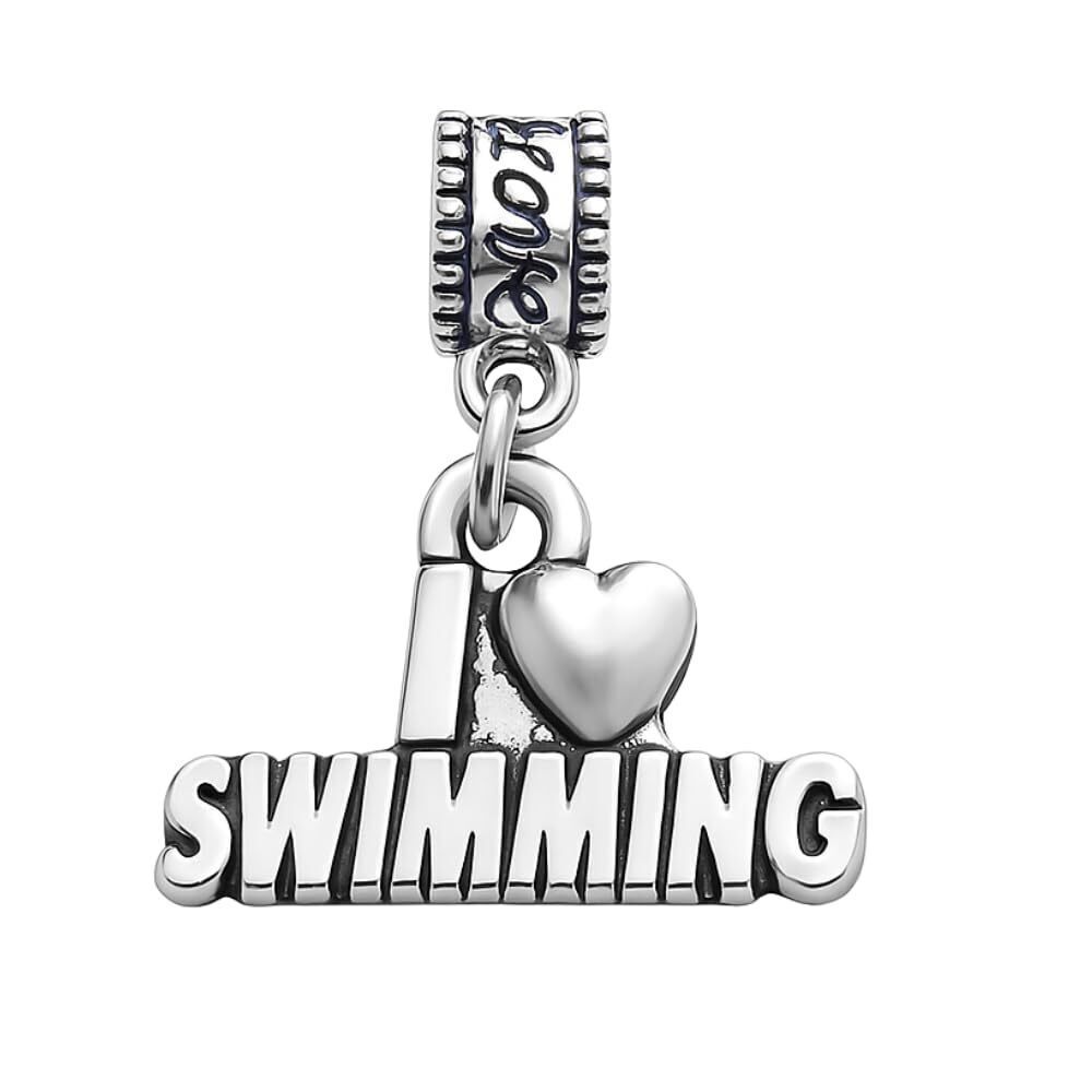 3694 I Love Swimming Charm Bead – Silver-Plated Dangle Charm – Compatible
